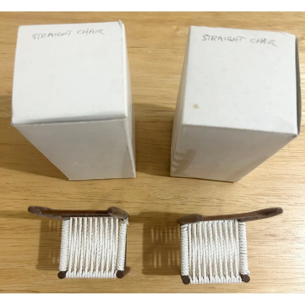 VTG Miniature Straight Chair Set 2pc Brown White Woven Seat Dollhouse 1817